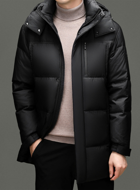 花花公子商务休闲高端连帽中长款羽绒服男士黑色加厚保暖时尚外套