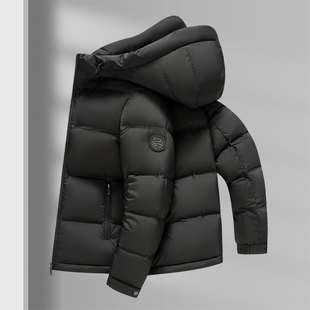 花花公子短款连帽羽绒服男加厚保暖防寒面包服黑色外套日常穿搭