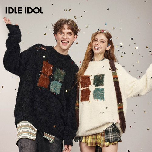 idleidol圆领情侣刺绣毛衣