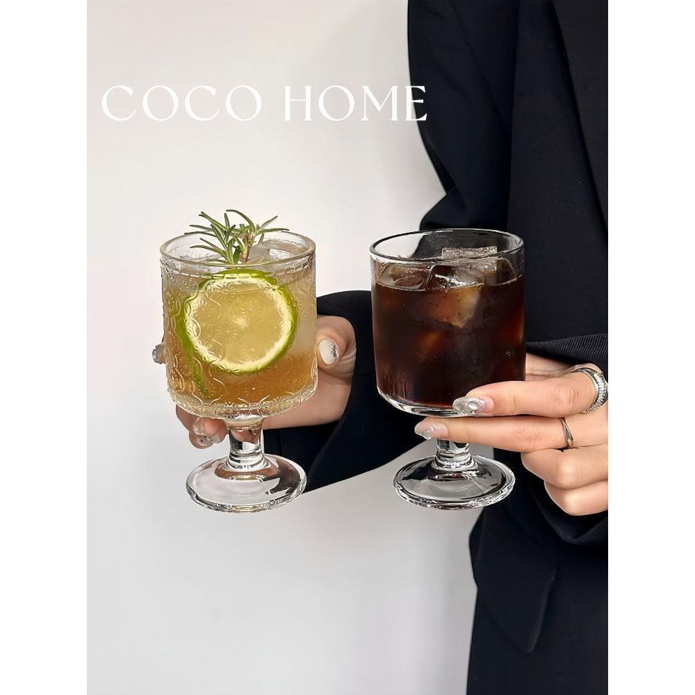 COCO 复古ins风太阳花浮雕玻璃杯高颜值酒杯设计感饮料高脚水杯子,餐饮具,清酒杯,淘宝优惠券,粉丝福利购,淘宝优惠卷