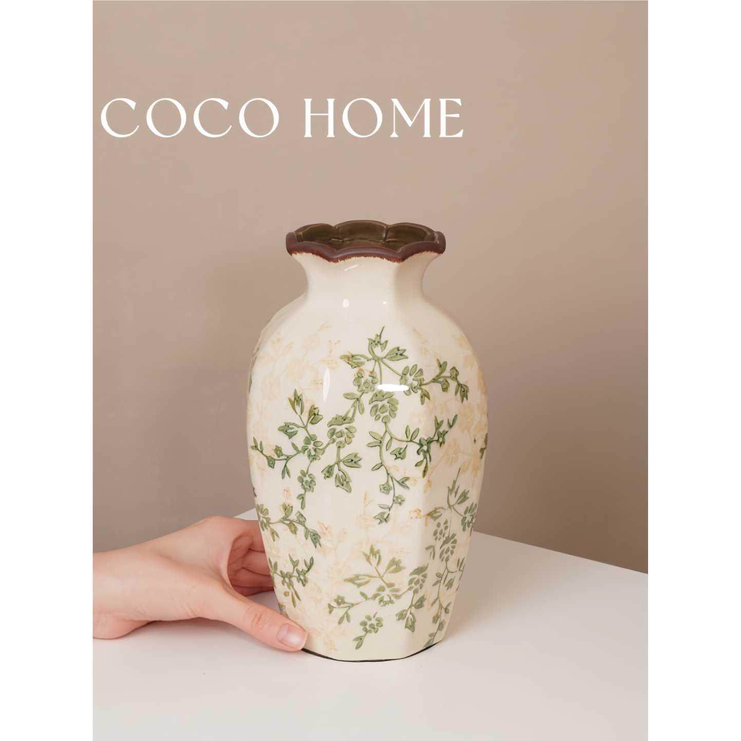COCO 复古绿萝花瓶陶瓷水养插花器客厅书房办公桌新中式禅意花瓶