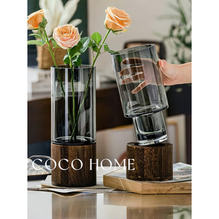 COCO 简约创意木托玻璃花瓶直筒干花瓶富贵竹大花瓶客厅装饰摆件