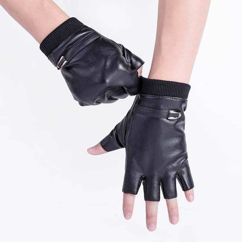 皮手套半指男士女冬季保暖加绒防水防滑防风骑行露指无指半截二指