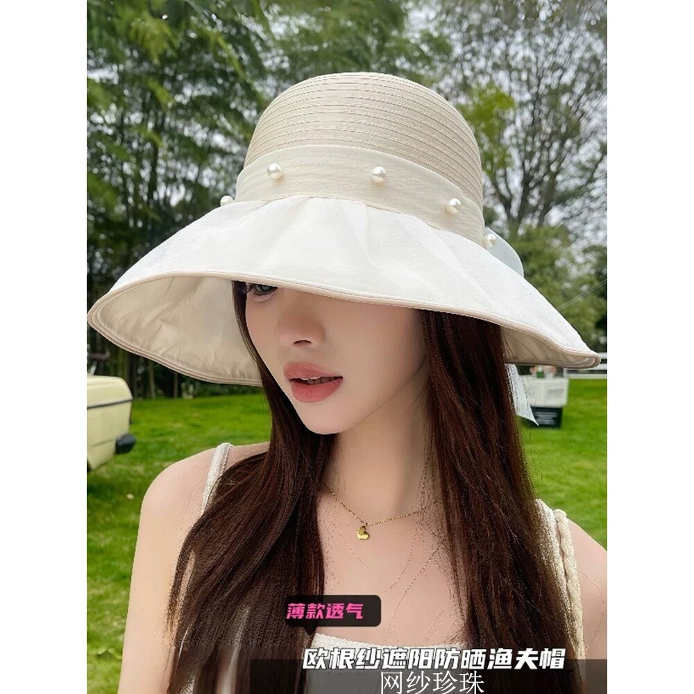 珍珠网纱蝴蝶结渔夫帽子女款2026新款大帽檐防晒遮阳帽度假太阳帽
