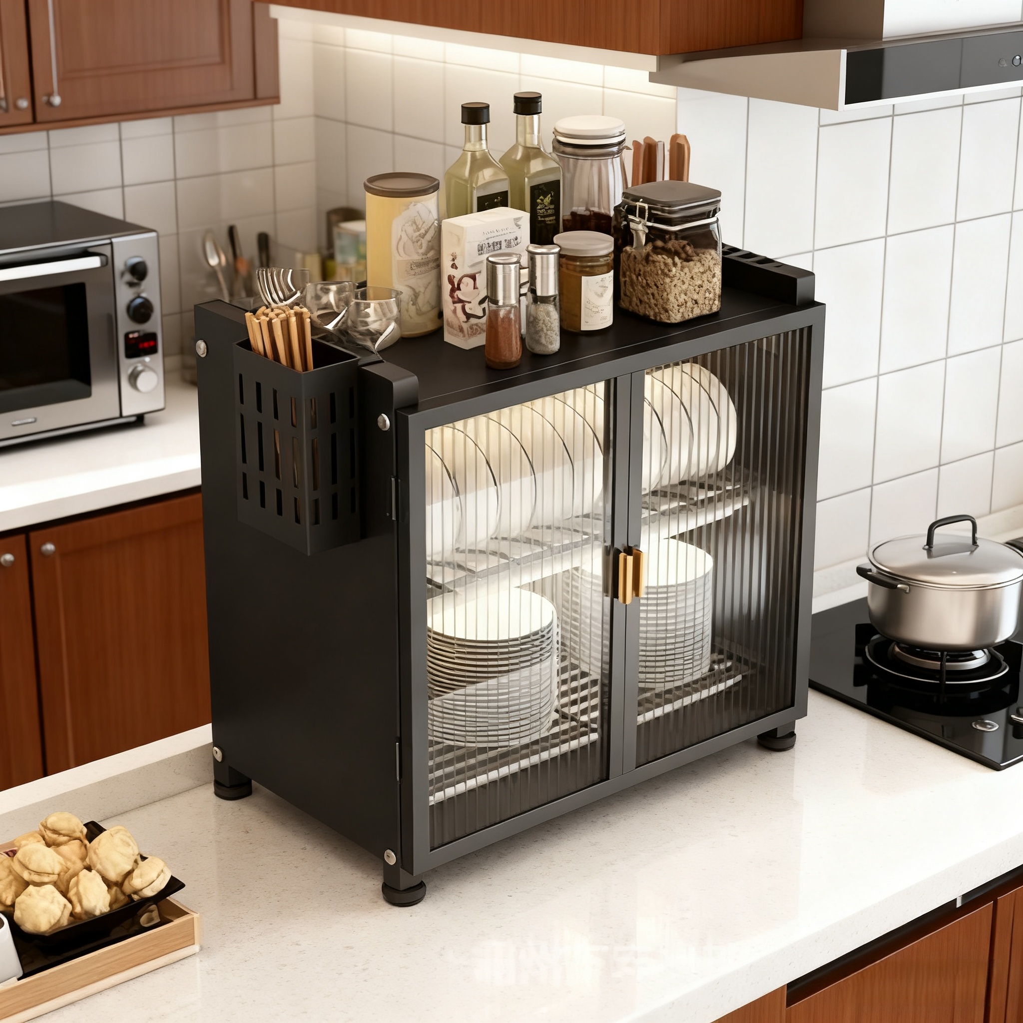 高品质厨房置物架2025新款双层碗碟柜多功能沥水架台面防尘储物柜