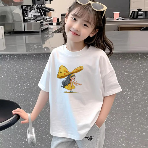 2026新款爆款夏季白色纯棉女童短袖t恤女孩儿童宽松百搭上衣体恤