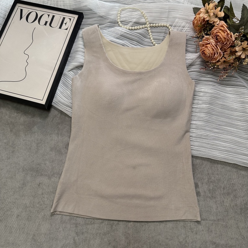 文胸一体带胸垫无痕保暖背心女大圆领加绒内搭打底上衣无袖背心
