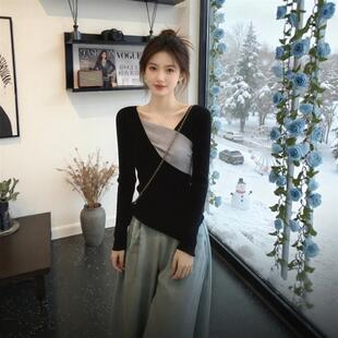 秋冬穿搭黑色不规则修身拼色针织衫毛衣女款2025新款打底内搭上衣