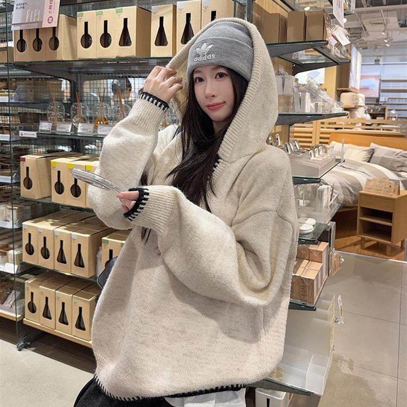 覆古连帽毛衣外套2025秋季新款撞色慵懒风设计感长袖针织上衣女潮,女装/女士精品,毛衣,淘宝优惠券,粉丝福利购,淘宝优惠卷