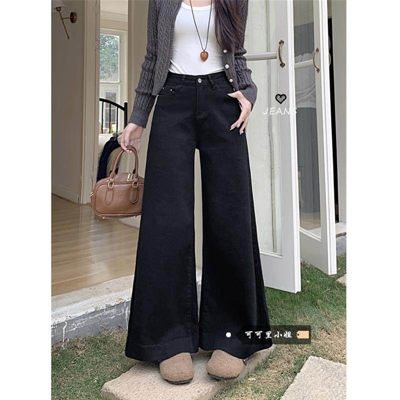 韩系黑色高腰微喇阔腿牛仔裤2025夏季新款时尚百搭宽松显瘦长裤女,女装/女士精品,牛仔裤,淘宝优惠券,粉丝福利购,淘宝优惠卷