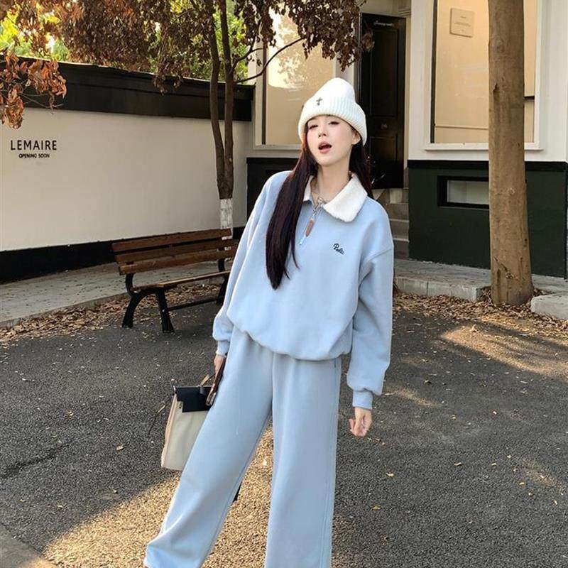 加绒加厚刺绣翻领长袖卫衣运动休闲卫裤女2025冬季新款时尚套装潮,女装/女士精品,时尚套装,淘宝优惠券,粉丝福利购,淘宝优惠卷