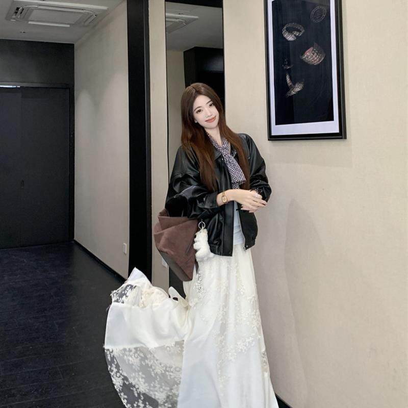 覆古美式翻领长袖皮衣外套蕾丝拼接半身裙女2025秋季新款时尚套装,女装/女士精品,时尚套装,淘宝优惠券,粉丝福利购,淘宝优惠卷