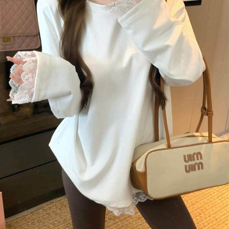 慵懒风蕾丝拼接长袖T恤2025秋冬新款覆古宽松设计感小众打底衫女,女装/女士精品,T恤,淘宝优惠券,粉丝福利购,淘宝优惠卷