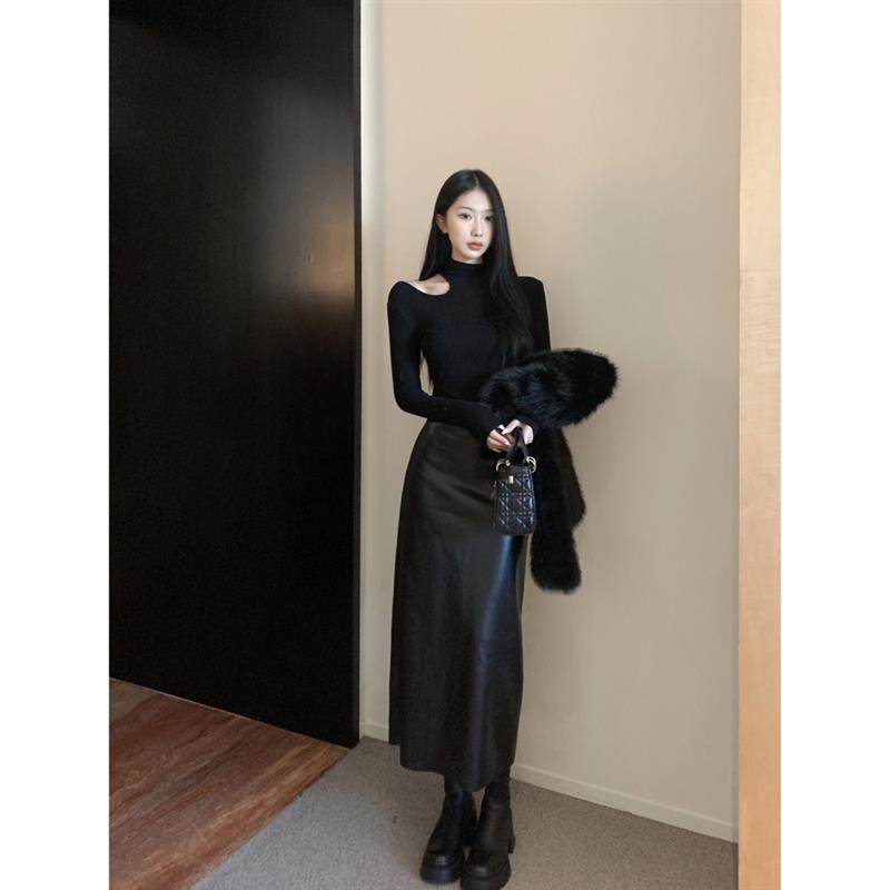 辣妹半高领镂空露肩长袖T恤高腰半身皮裙女2025秋冬新款时尚套装,女装/女士精品,时尚套装,淘宝优惠券,粉丝福利购,淘宝优惠卷