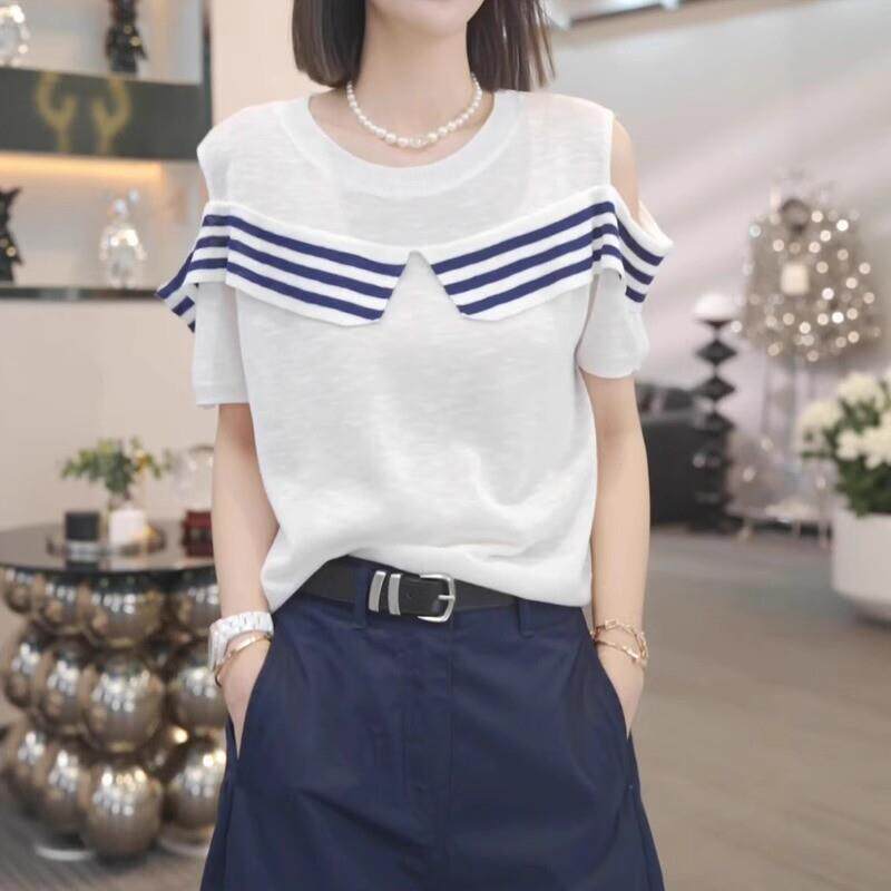 大码女装2026夏季新款轻奢法式高级感露肩条纹针织衫天丝短袖上衣