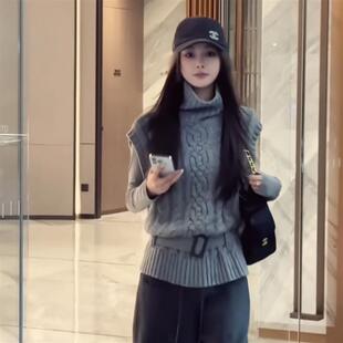 灰色高领套头小飞袖麻花毛衣女秋冬宽松无袖叠穿针织马甲马夹上衣