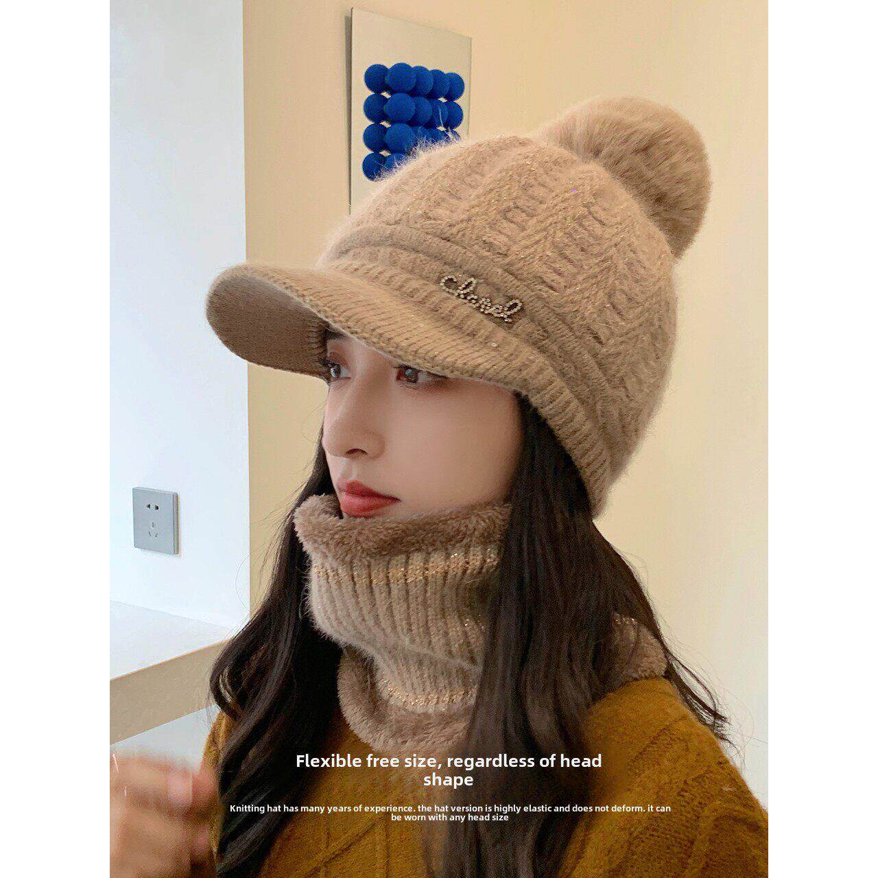 帽子女秋冬天加绒加厚保暖毛线帽骑车防寒鸭舌帽时尚围脖两件套潮