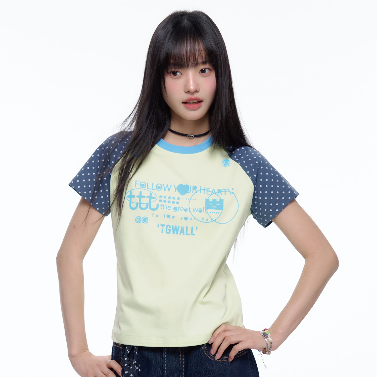 TGWALL「绿光森林」韩系撞色插肩袖波点印花短款休闲短袖T恤女