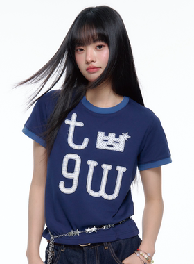 TGWALL「蓝莓」毛边贴布绣撞色韩系正肩短袖T恤显瘦圆领短上衣女