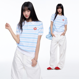 上衣短袖 正肩薄针织毛衫 T恤女 短款 TGWALL「果然」蓝白条纹POLO衫