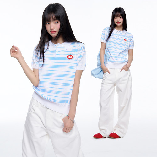 TGWALL蓝白条纹短款POLO衫女
