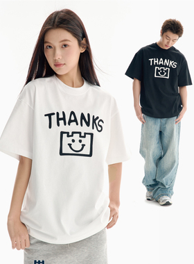 TGWALL「THANKS」笑脸印花情侣纯棉夏季宽松潮牌圆领短袖T恤男女