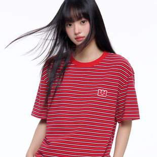 TGWALL「小红帽」红白撞色条纹情侣宽松重磅纯棉圆领短袖 T恤男女