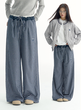 TGWALL「晚风」双腰头拼接藏青格子裤宽松直通长裤格纹休闲裤子