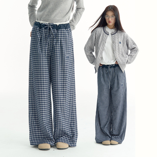 格纹休闲裤 子 宽松直通长裤 TGWALL「晚风」双腰头拼接藏青格子裤