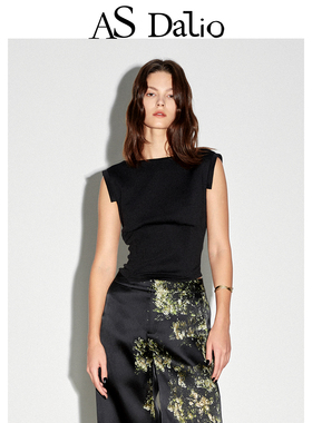 AS DALIO春夏无袖飞袖鱼骨修身打底针织女士黑色基础百搭短款上衣