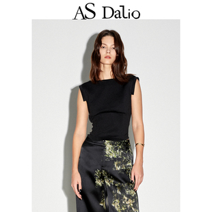 AS DALIO春夏无袖飞袖鱼骨修身打底针织女士黑色基础百搭短款上衣