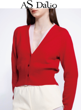 AS DALIO开衫100%羊绒毛衣红色本命年春节百搭短款针织上衣送礼女