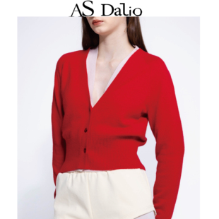 AS DALIO开衫100%羊绒毛衣红色本命年春节百搭短款针织上衣送礼女