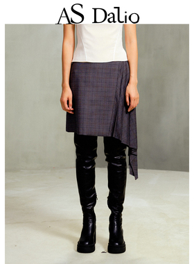 AS DALIO复古灰色格纹羊毛不规则百褶裙设计感拼接压褶短裙半身裙