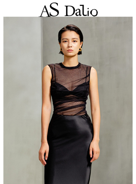 【吴莫愁同款】AS DALIO立体裁剪水晶网纱上衣透视感无袖背心上衣