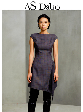 AS DALIO复古灰色格纹羊毛压褶连衣裙不规则收腰拼接压褶无袖短裙