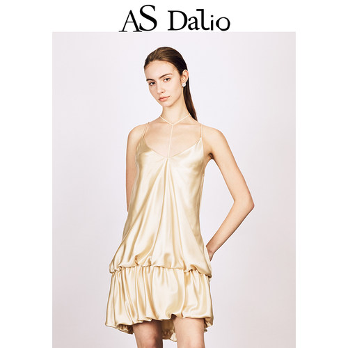 ASDALIO香槟色醋酸花苞吊带裙