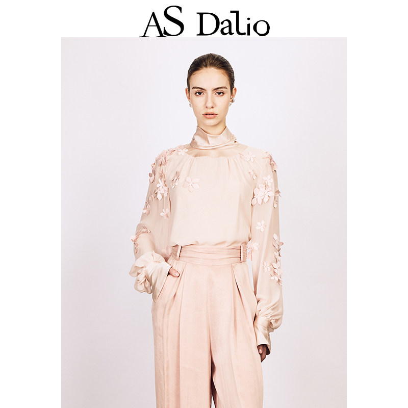 刘琳同款｜AS Dalio真丝衬衫高领上衣立体花朵早春季上衣内搭女