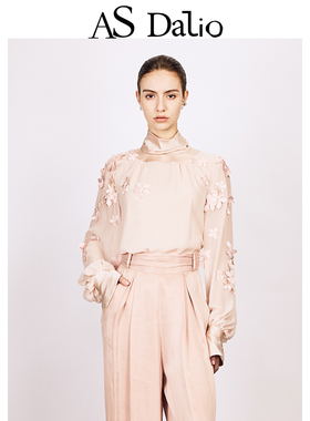 【刘琳同款】AS DALIO25新款真丝高领上衣立体花朵设计宽松衬衫女