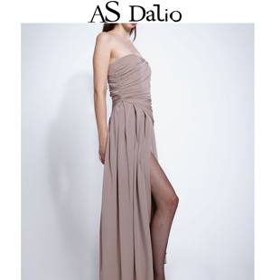 DALIO棕色醋酸针织褶皱连衣裙