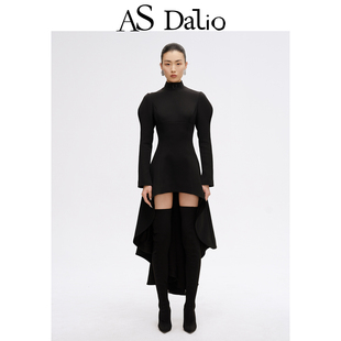 DALIO手工钉珠摆尾黑色连衣裙不规则高领阔肩长裙 黄龄同款