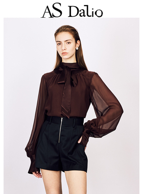 AS DALIO25春夏法式深咖色真丝绑带上衣优雅飘带设计气质通勤衬衫