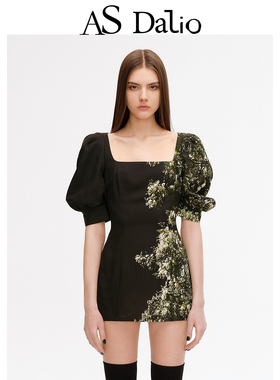AS DALIO真丝羊毛泡泡袖原创定位印花短裙可爱日常方领气质连衣裙