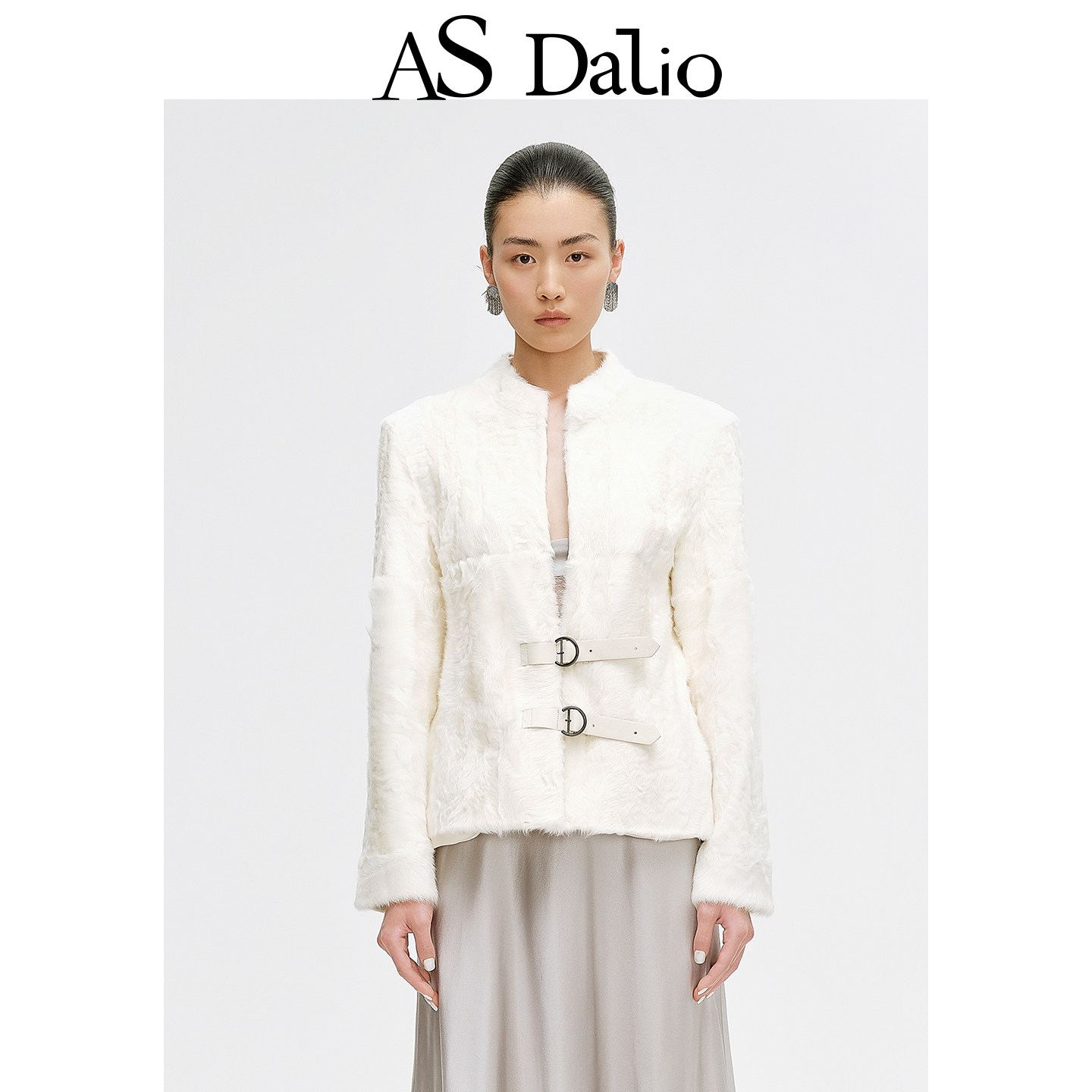 【黄龄同款】AS DALIO羊羔皮毛一体立领白色皮草气质名媛短款外套