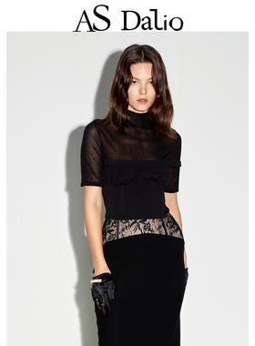 AS DALIO设计感网纱透视拼接上衣性感微透修身显瘦高领短袖T恤