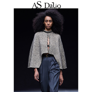 DALIO25棕色斗篷羊毛披肩条纹毛呢高级设计感秋冬外套优雅气质