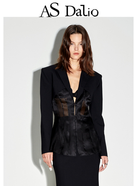 AS DALIO真丝欧根纱拼接西装羊毛设计感百搭修身性感透视西服外套