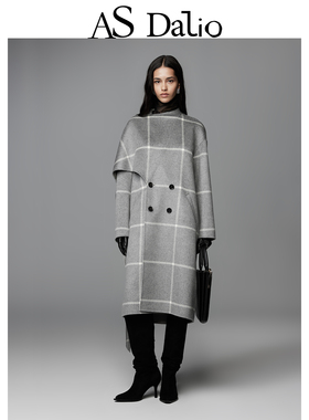 AS DALIO灰色格子羊绒披风大衣复古高级感宽松廓形长款大衣外套女