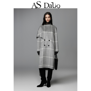 大衣外套女 DALIO灰色格子羊绒披风大衣复古高级感宽松廓形长款