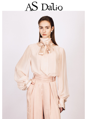 【吴君如同款】AS DALIO25新款粉色真丝绑带上衣新年衬衣衬衫女